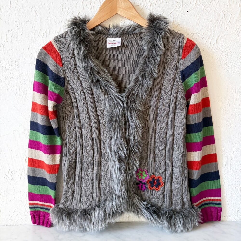 Hanna Andersson Grey Cable Knit Sweater Girls 150/12 Faux Fur Striped Sleeves